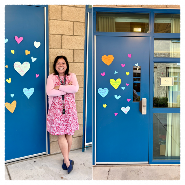 Guia Blaske outside her Vista Murrieta classroom door decorated with paper hearts